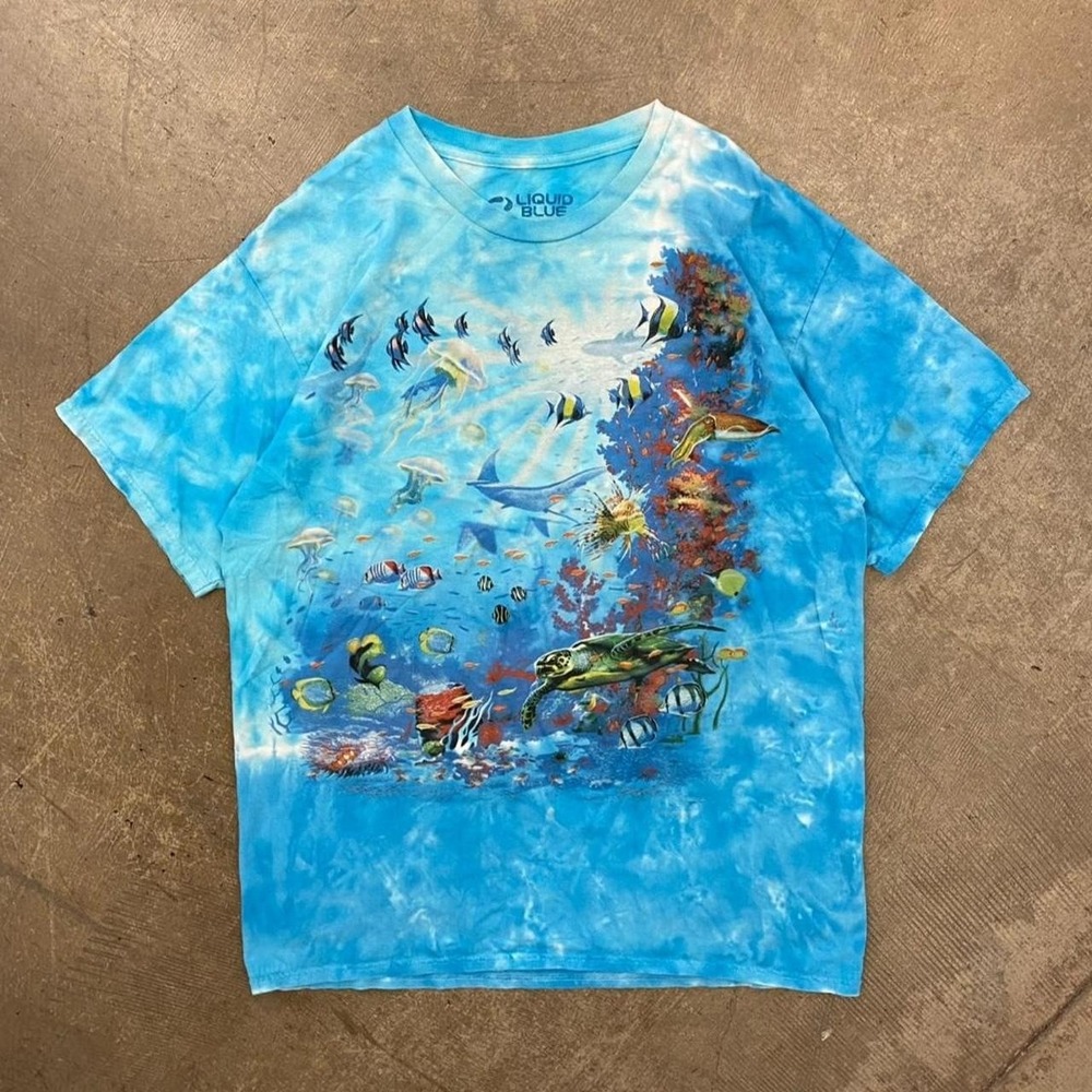 Y2K Liquid Blue Fish Ocean Sea Wildlife AOP T-Shirt Size XL